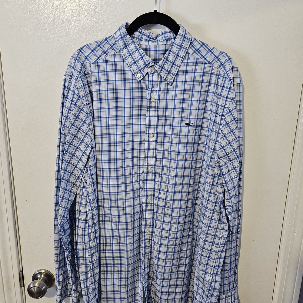 Mens Vineyard Vines Blue and White Plaid Performance Shirt